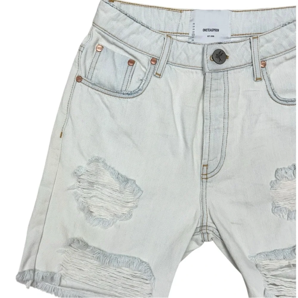 One Teaspoon Longline Trucker Denim Shorts, Size 26, NWT, White Ripped Shorts